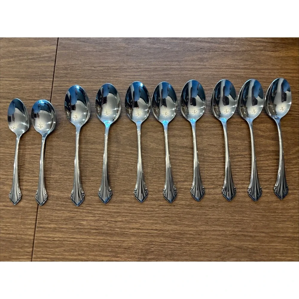 1881 Rogers Oneida LTD Bittersweet Repose Stainless 8 Soup Spoons & 2 Teaspoons